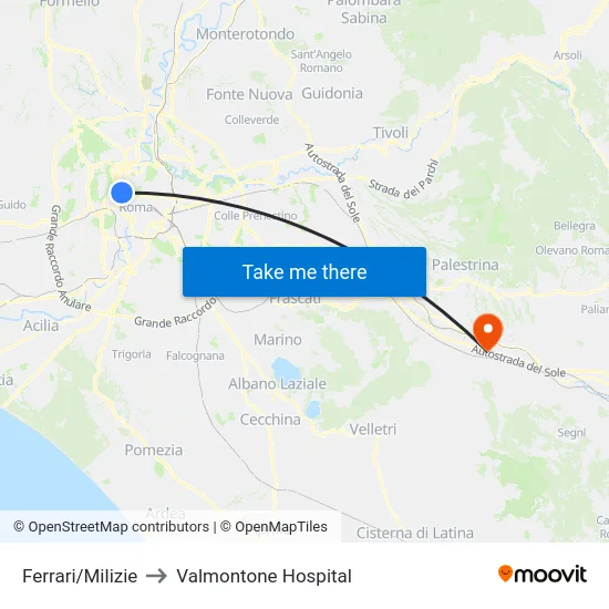 Ferrari/Milizie to Valmontone Hospital map