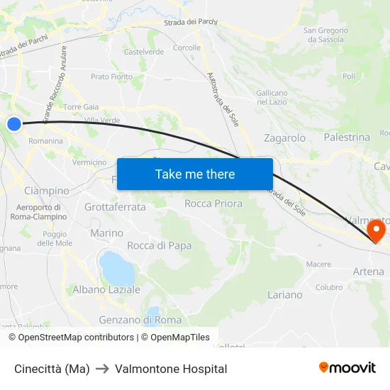 Cinecittà (Metro A) to Valmontone Hospital map