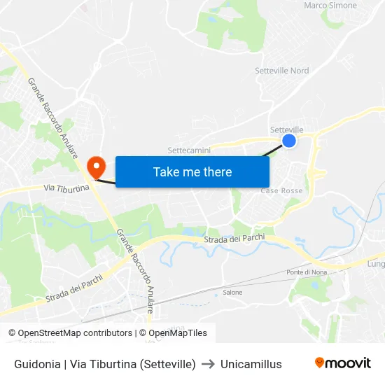 Guidonia | Via Tiburtina (Setteville) to Unicamillus map