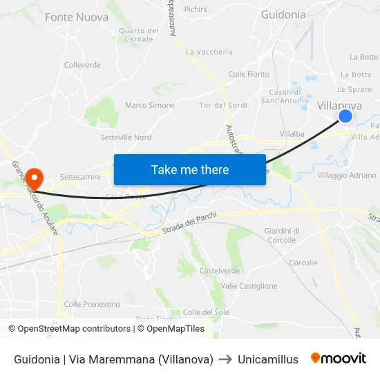 Guidonia | Maremmana Street (Villanova) to Unicamillus map