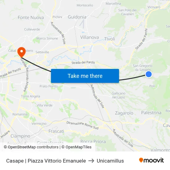Casape | Piazza Vittorio Emanuele to Unicamillus map
