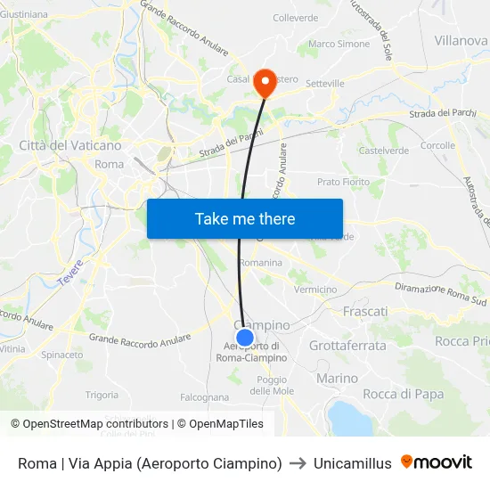 Roma | Via Appia (Aeroporto Ciampino) to Unicamillus map