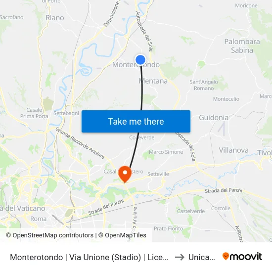 Monterotondo | Via Unione (Stadio) | Liceo Scientifico G.Peano to Unicamillus map