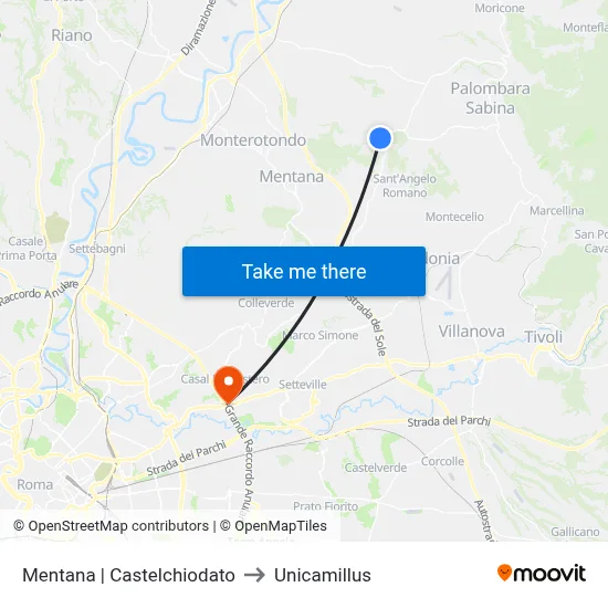 Mentana via Castelchiodato to Unicamillus map