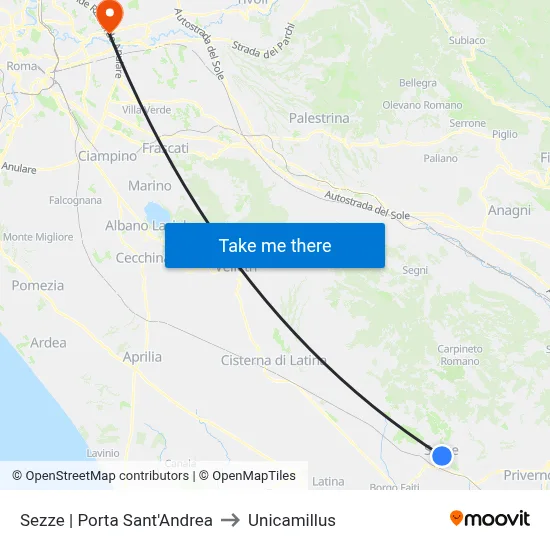 Sezze via Sant'Andrea Gate to Unicamillus map