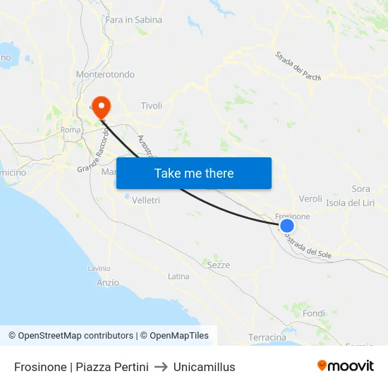 Frosinone | Piazza Pertini to Unicamillus map