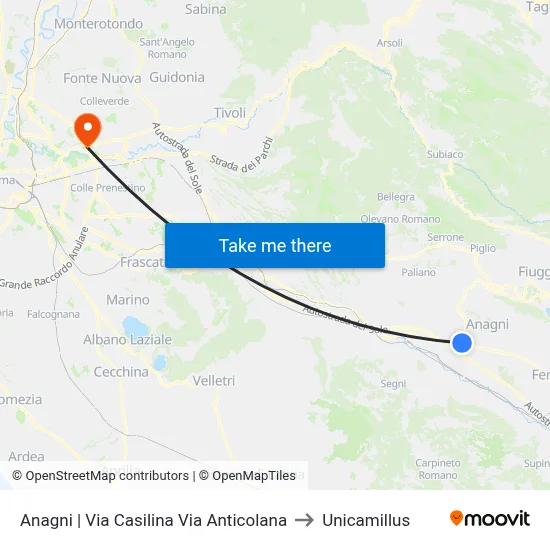 Anagni | Via Casilina Via Anticolana to Unicamillus map