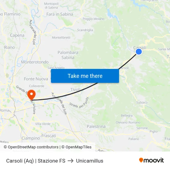 Carsoli | Railway Station to Unicamillus map