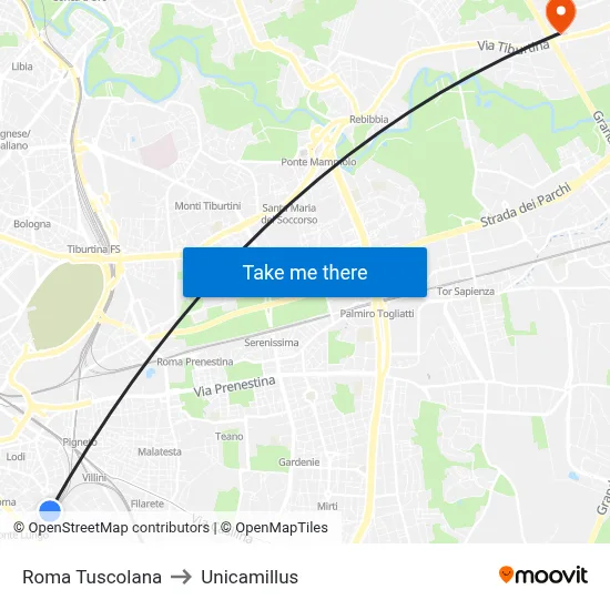 Roma Tuscolana to Unicamillus map