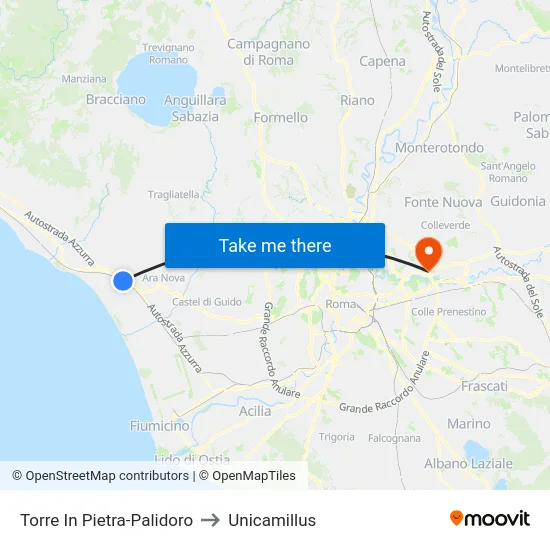 Torre In Pietra-Palidoro to Unicamillus map