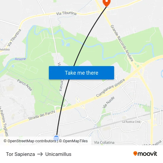 Tor Sapienza to Unicamillus map