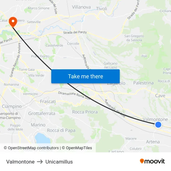 Valmontone to Unicamillus map