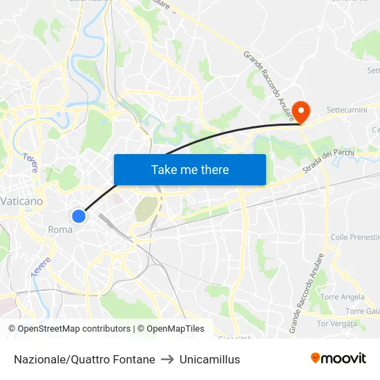 Nazionale/Quattro Fontane to Unicamillus map