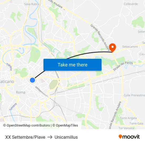 XX Settembre/Piave to Unicamillus map