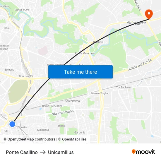 Ponte Casilino to Unicamillus map