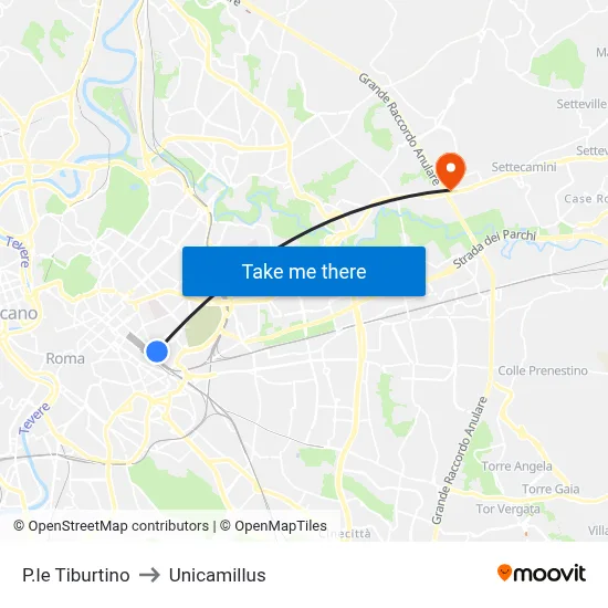 P.le Tiburtino to Unicamillus map