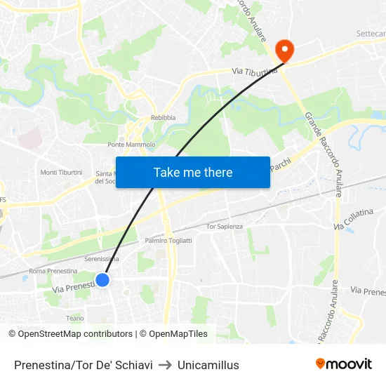 Prenestina/Tor De' Schiavi to Unicamillus map