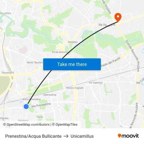 Prenestina/Acqua Bullicante to Unicamillus map
