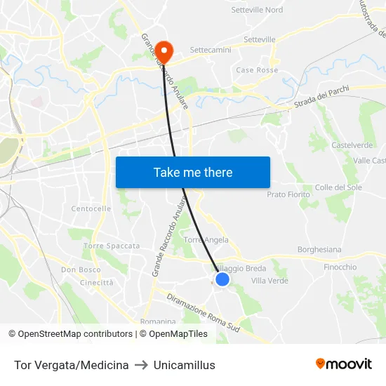 Tor Vergata/Medicine to Unicamillus map