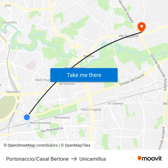 Portonaccio/Casal Bertone to Unicamillus map