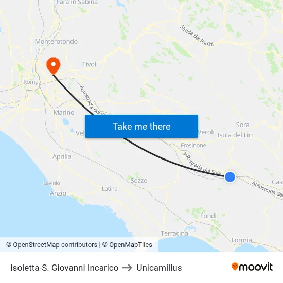 Isoletta-San Giovanni Incarico to Unicamillus map