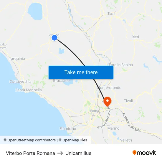 Viterbo Porta Romana to Unicamillus map