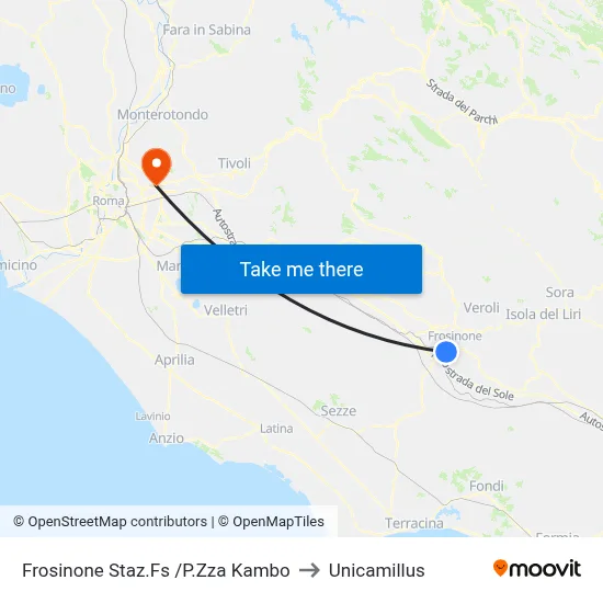 Frosinone Station/Kambo Square to Unicamillus map