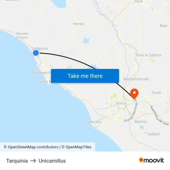 Tarquinia to Unicamillus map