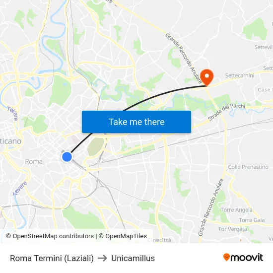 Roma Termini (Laziali) to Unicamillus map