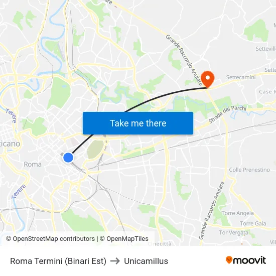 Roma Termini (Binari Est) to Unicamillus map