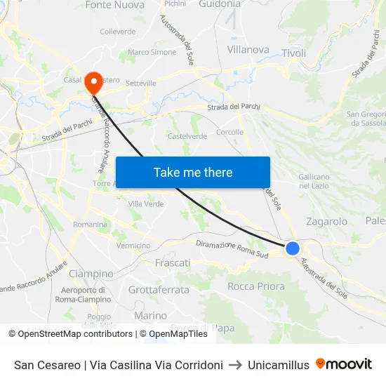San Cesareo via Casilina via Corridoni to Unicamillus map