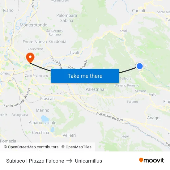 Subiaco | Piazza Falcone to Unicamillus map