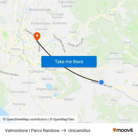 Valmontone Rainbow Park to Unicamillus map