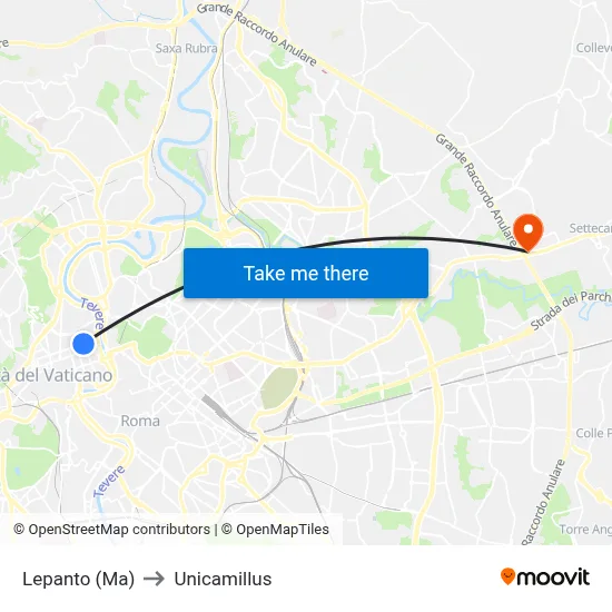 Lepanto (Metro A) to Unicamillus map