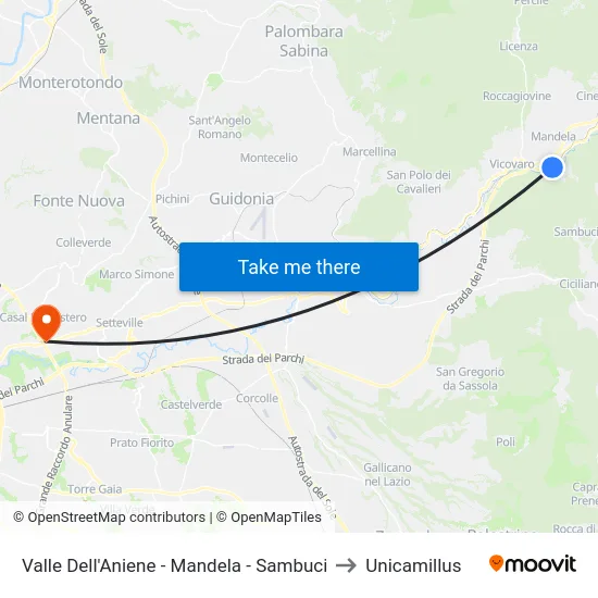 Valle Dell'Aniene - Mandela - Sambuci to Unicamillus map