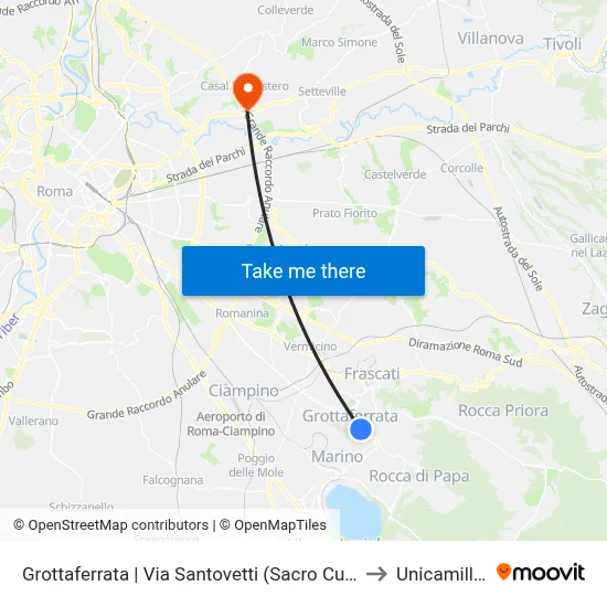 Grottaferrata | Santovetti Street (Sacred Heart) to Unicamillus map