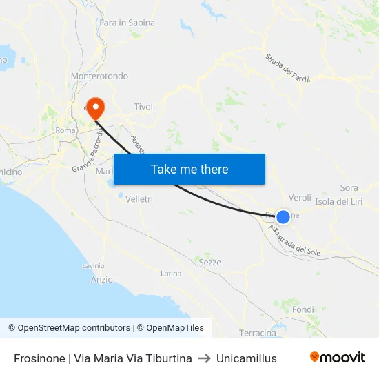 Frosinone | Via Maria Via Tiburtina to Unicamillus map