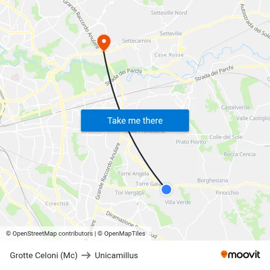 Grotte Celoni to Unicamillus map