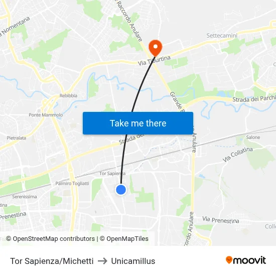 Tor Sapienza/Michetti to Unicamillus map