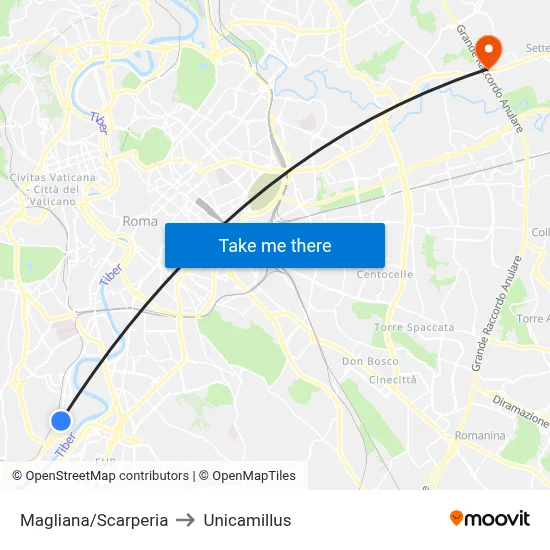 Magliana/Scarperia to Unicamillus map