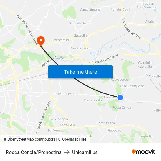 Rocca Cencia/Prenestina to Unicamillus map