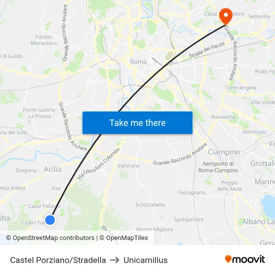 Castel Porziano/Stradella to Unicamillus map
