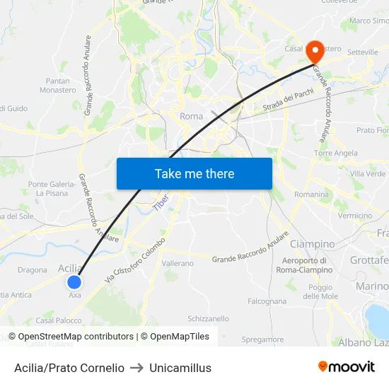 Acilia/Prato Cornelio to Unicamillus map