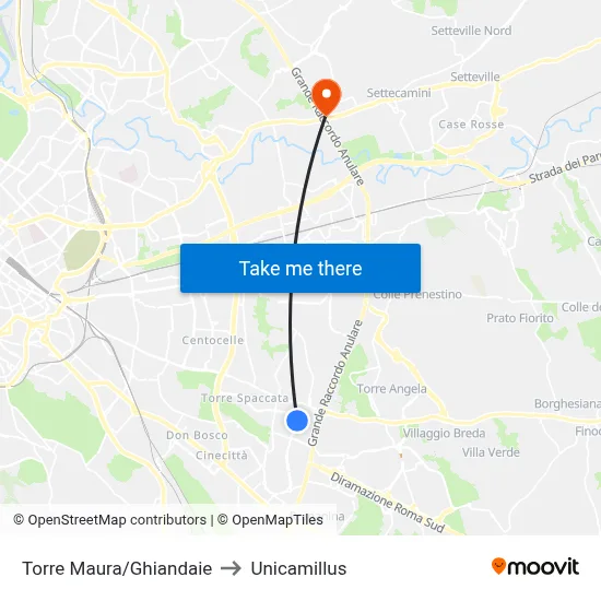 Torre Maura/Ghiandaie to Unicamillus map
