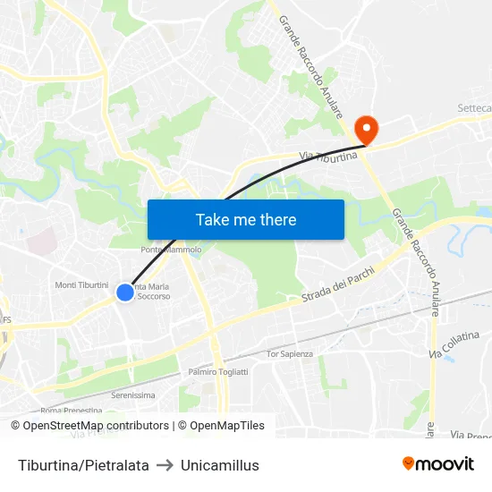 Tiburtina/Pietralata to Unicamillus map