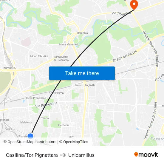 Casilina/Tor Pignattara to Unicamillus map