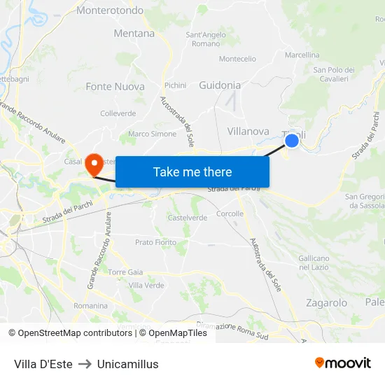 Villa D'Este to Unicamillus map