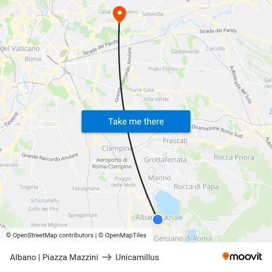 Albano via Piazza Mazzini to Unicamillus map