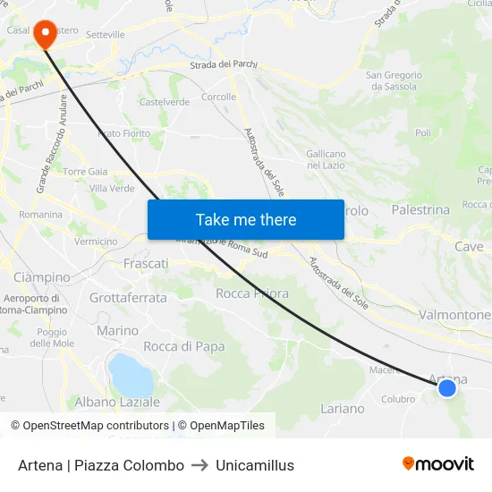Artena | Piazza Colombo to Unicamillus map