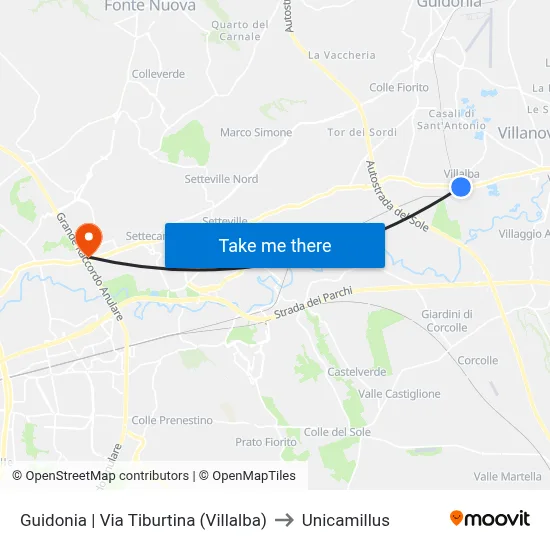 Guidonia via Tiburtina (Villalba) to Unicamillus map